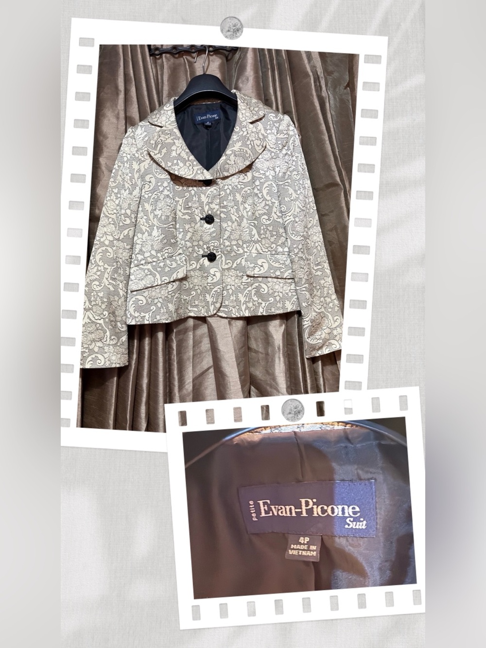 Evan Picone Cream and Light Gray Jacquard Cropped Blazer #1888